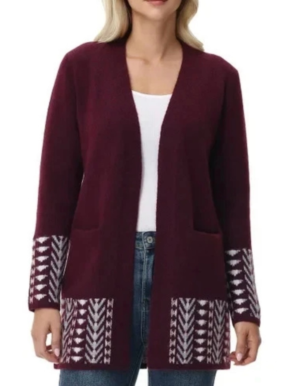 Frye Open-Front Maroon Patterned Cardigan Sweater